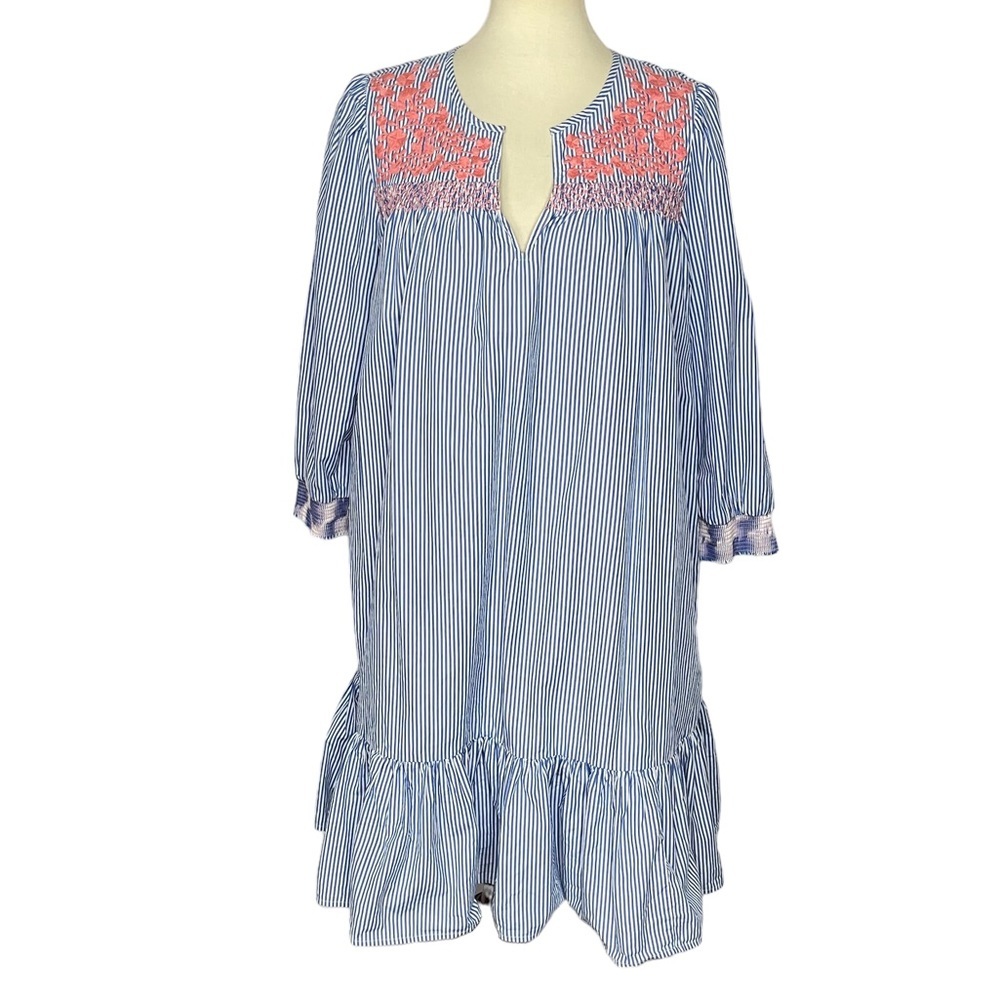 J. Crew Dress Womens‎ Small Blue White Striped Coral Embroidered Re-Imagined
